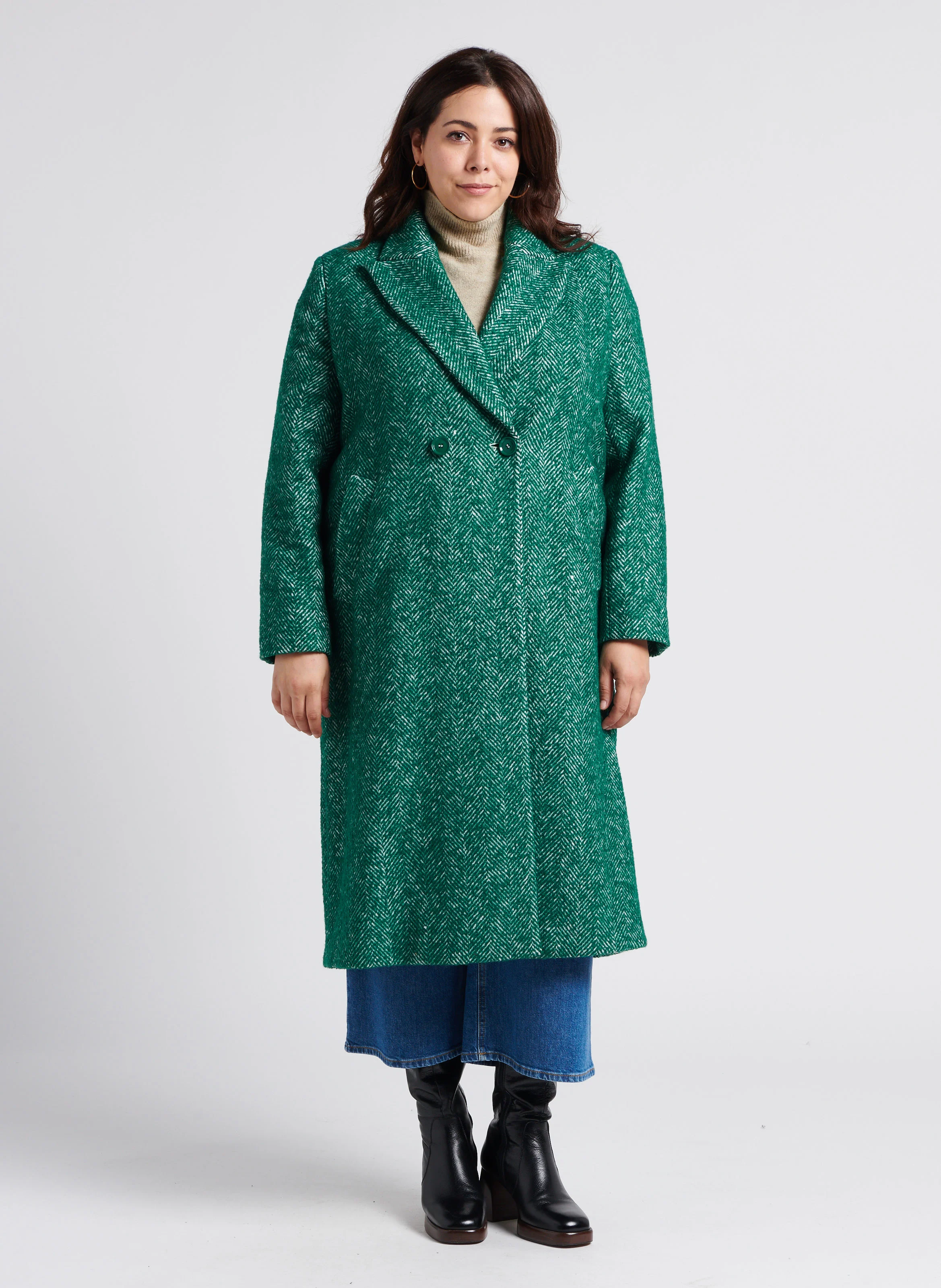 TIMO - Manteau long col tailleur à chevrons en maille mélangée | Blanc