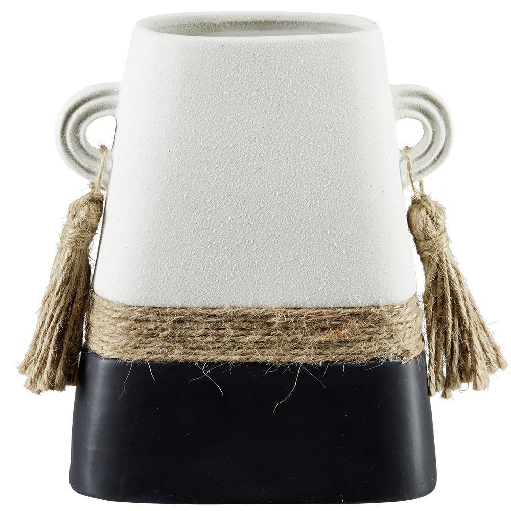 Vase en céramique et jute design ethnique noir et blanc H20,3cm