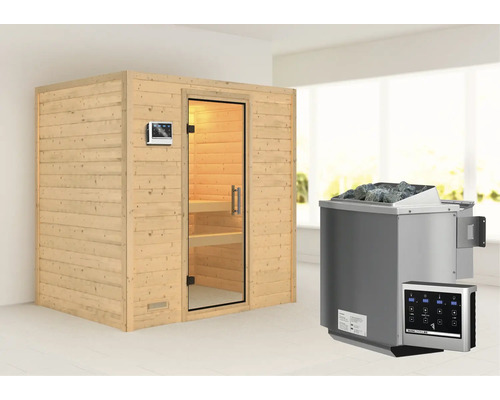 Karibu Sonja blokhutsauna inclusief 9 kW biooven en externe bedieningseenheid, zonder dakrand, met volledig glazen deur van helder glas