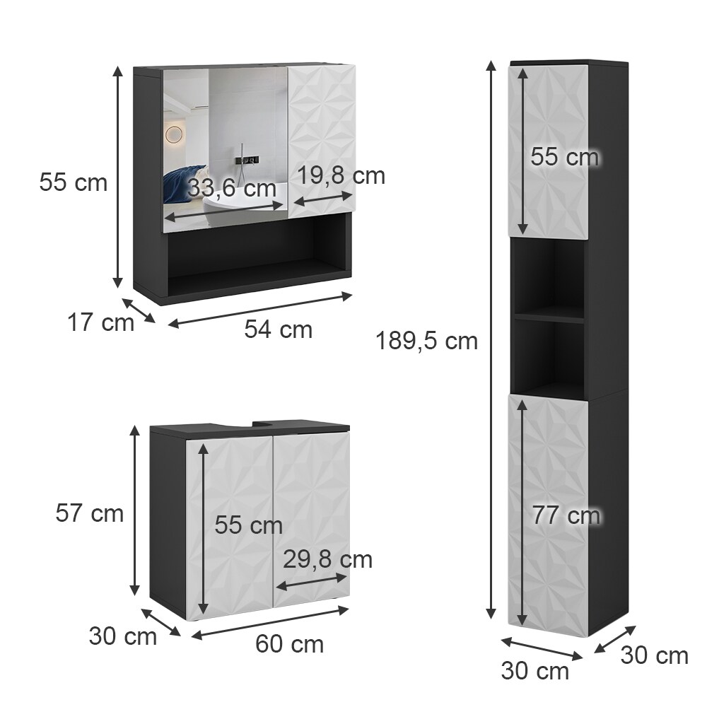 Vicco Badmöbel-Set Badezimmer-Möbel Bad-Schrank Edge Schwarz Weiß modern Badezimmerschrank Waschbeckenunterschrank Spiegelschrank Hochschrank Badezimmerkommode
