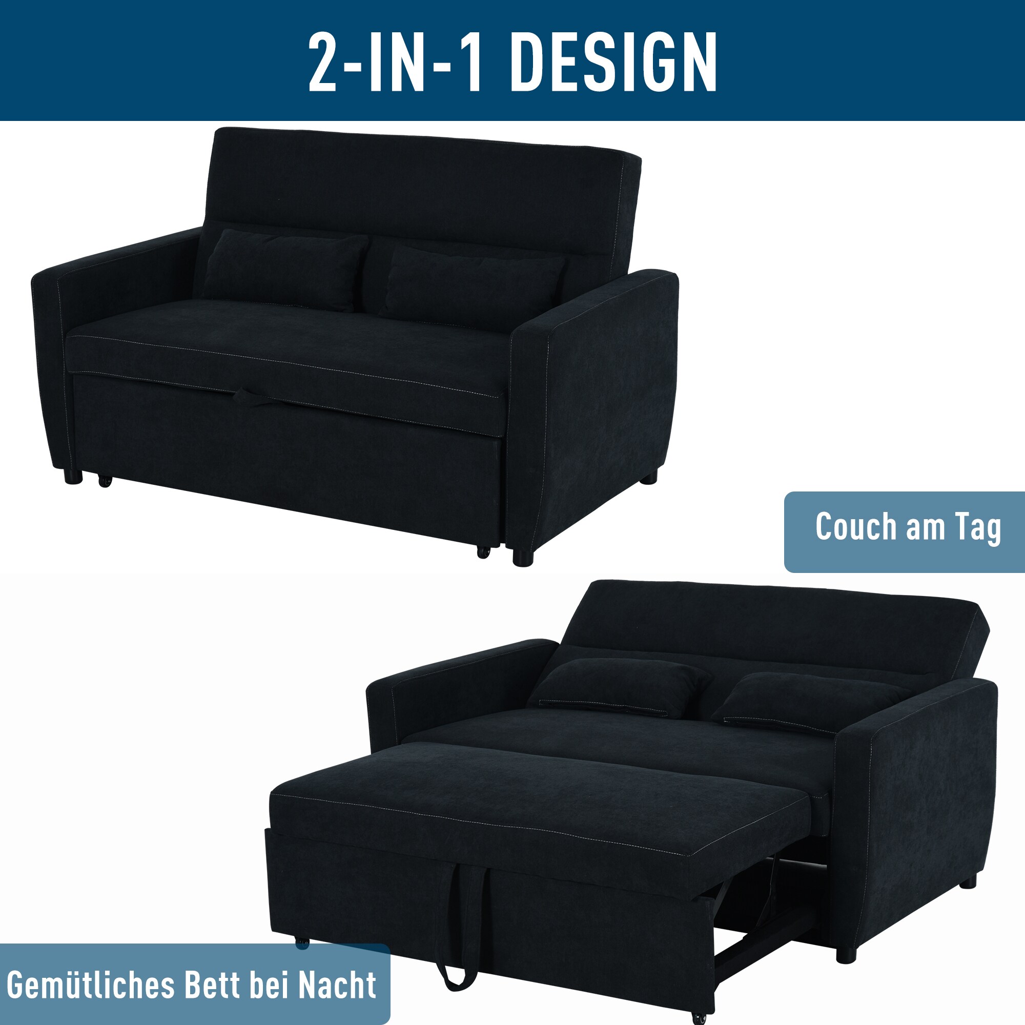 HOMCOM Schlafsofa als ausklappbarer 2-Sitzer dunkelgrau 148 x 82 x 89 cm (BxTxH)