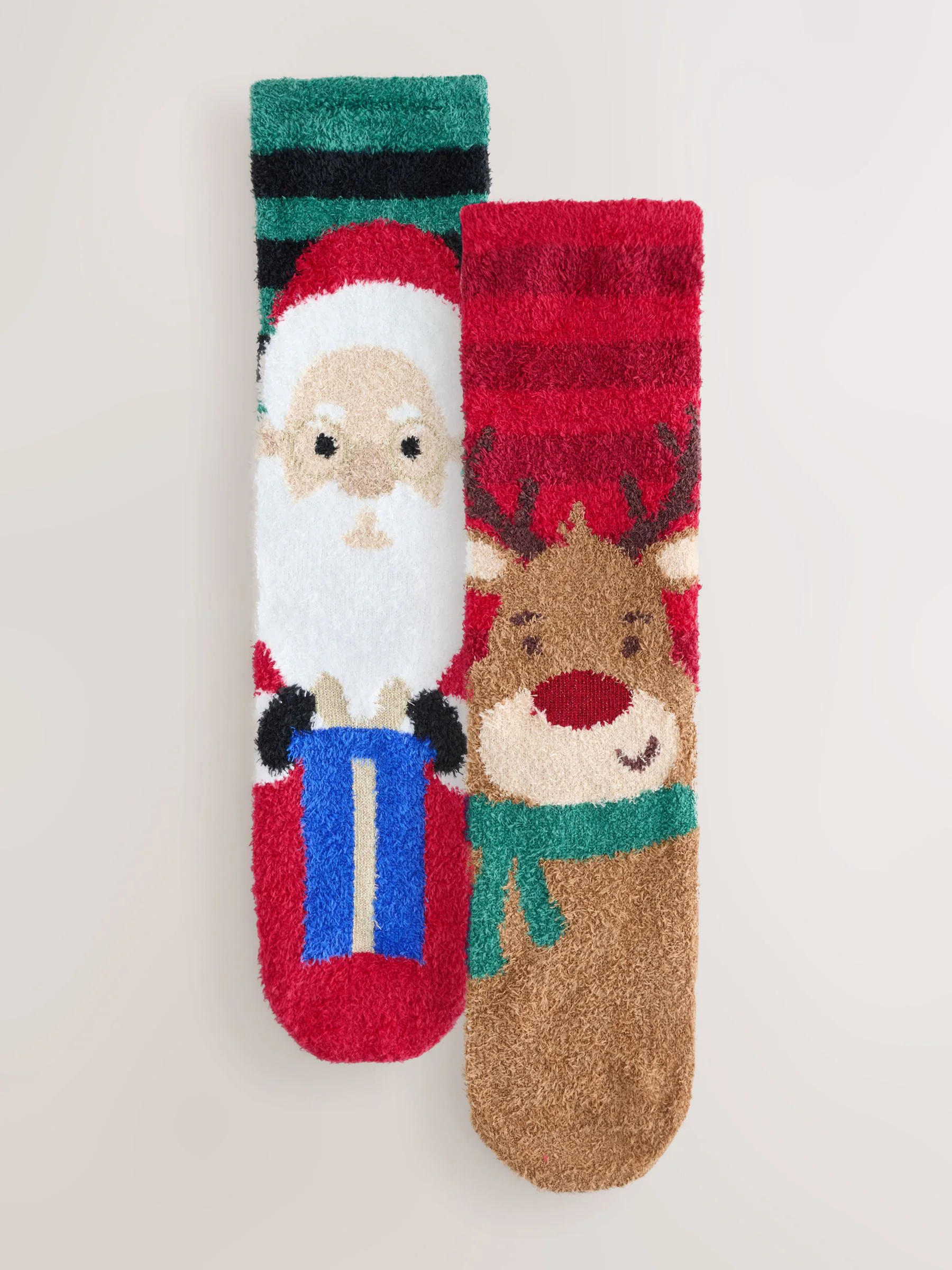 Rood/Groen kerstman en rendier - Christmas Pattern Cosy Socks 2 Pack