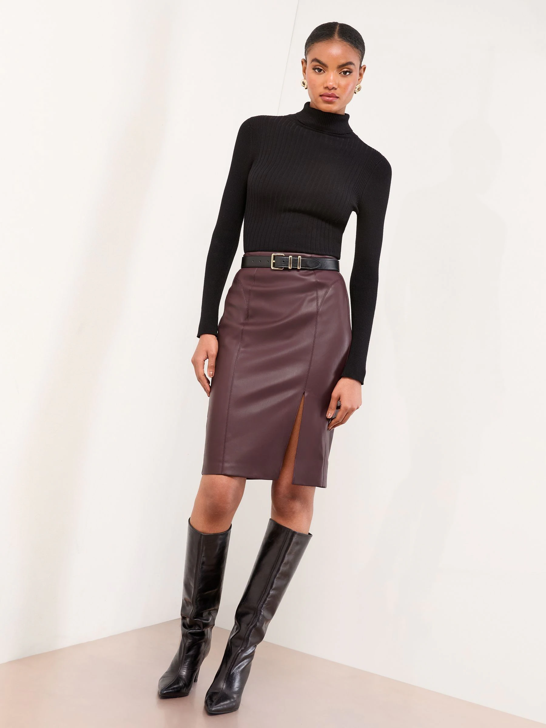 Bordeaux Rood imitatieleer - Lipsy - Midi-rok met zijsplit