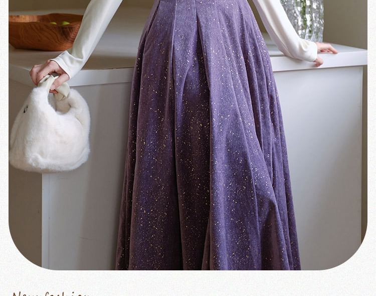 Cocaliso - Set: Lange mouwen, getailleerd, effen top met lange mouwen en een geplooide hals + spaghettibandjes, gedraaide glitter midi-lijn jurk