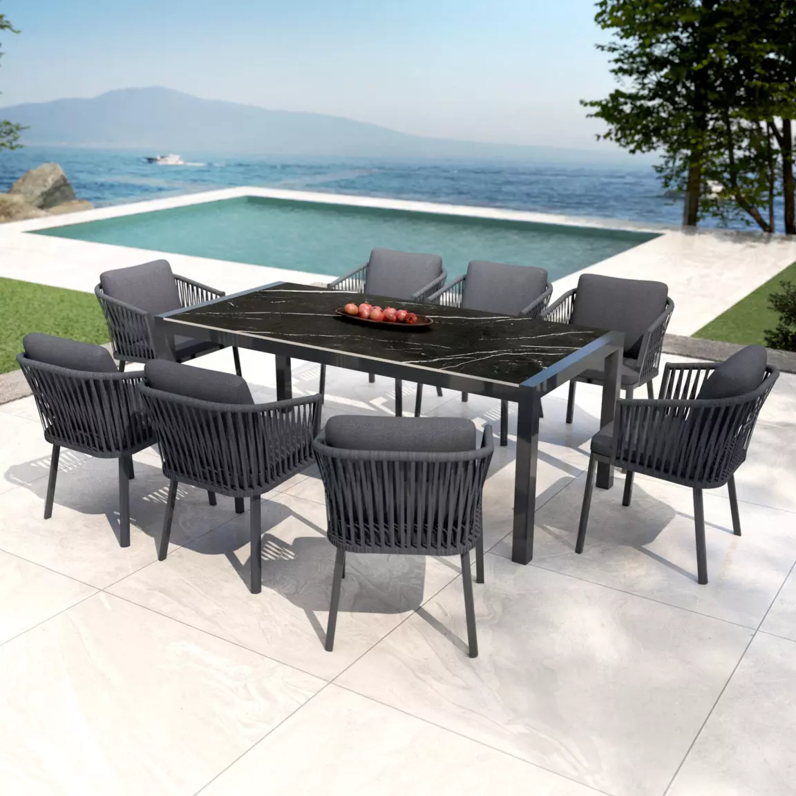 Table de jardin en aluminium et céramique 8 places (180 x 90 cm) Modena Noir marbré