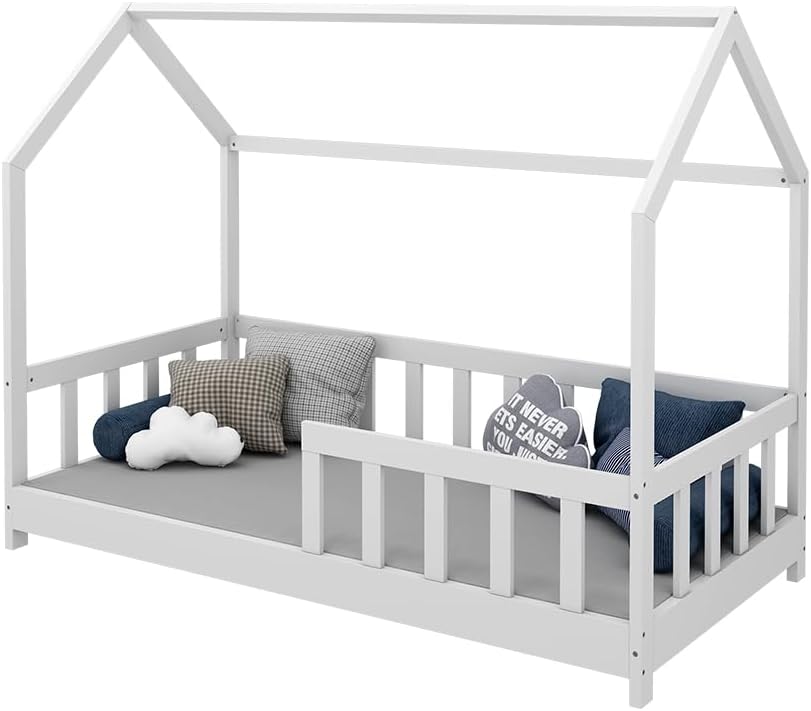 Hausbett 80x160 cm Michelle mit Rausfallschutz - Weiß 166x135x86 cm aus Bambus - Bett ideal fürs Kinderzimmer, für zuverlässigen Schlaf mit zusätzlicher Sicherheit