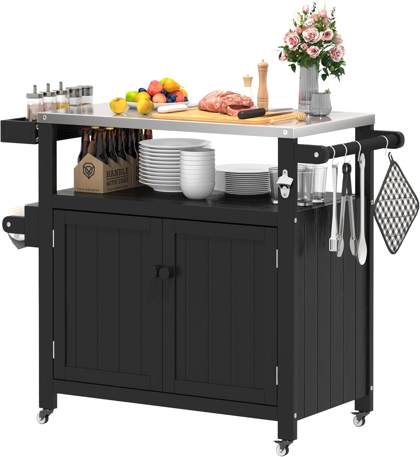 Wetterfeste HIPS Outdoor Kücheninsel mit Edelstahlplatte & Aufbewahrungsschrank, bewegliche Vorbereitungstisch mit Rädern für BBQ-Zubereitung, Outdoor Grillwagen für Parties, Schwarz