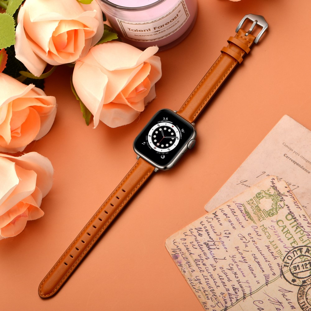 Apple Watch (42/41/40/38 mm) Echtleder Ersatz Armband mit Dornschliesse (Gelenkumfang 156-221 mm) - Braun / Silber