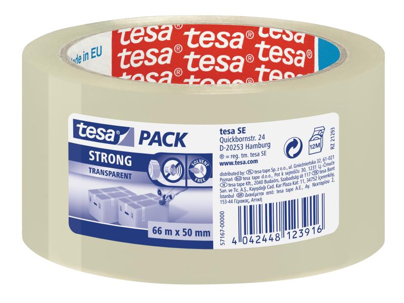 tesa Klebeband strong 50 mm x 66 m, 1 Rolle Transparent Verpackungsklebeband, transparent