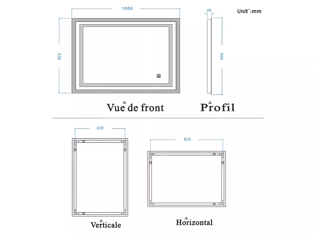 Miroir de Salle de Bain Anti-buée Miroir Lumineux LED Vertical ou Horizontal Blanc Froid + Interrupteur Tactile 100x60 cm