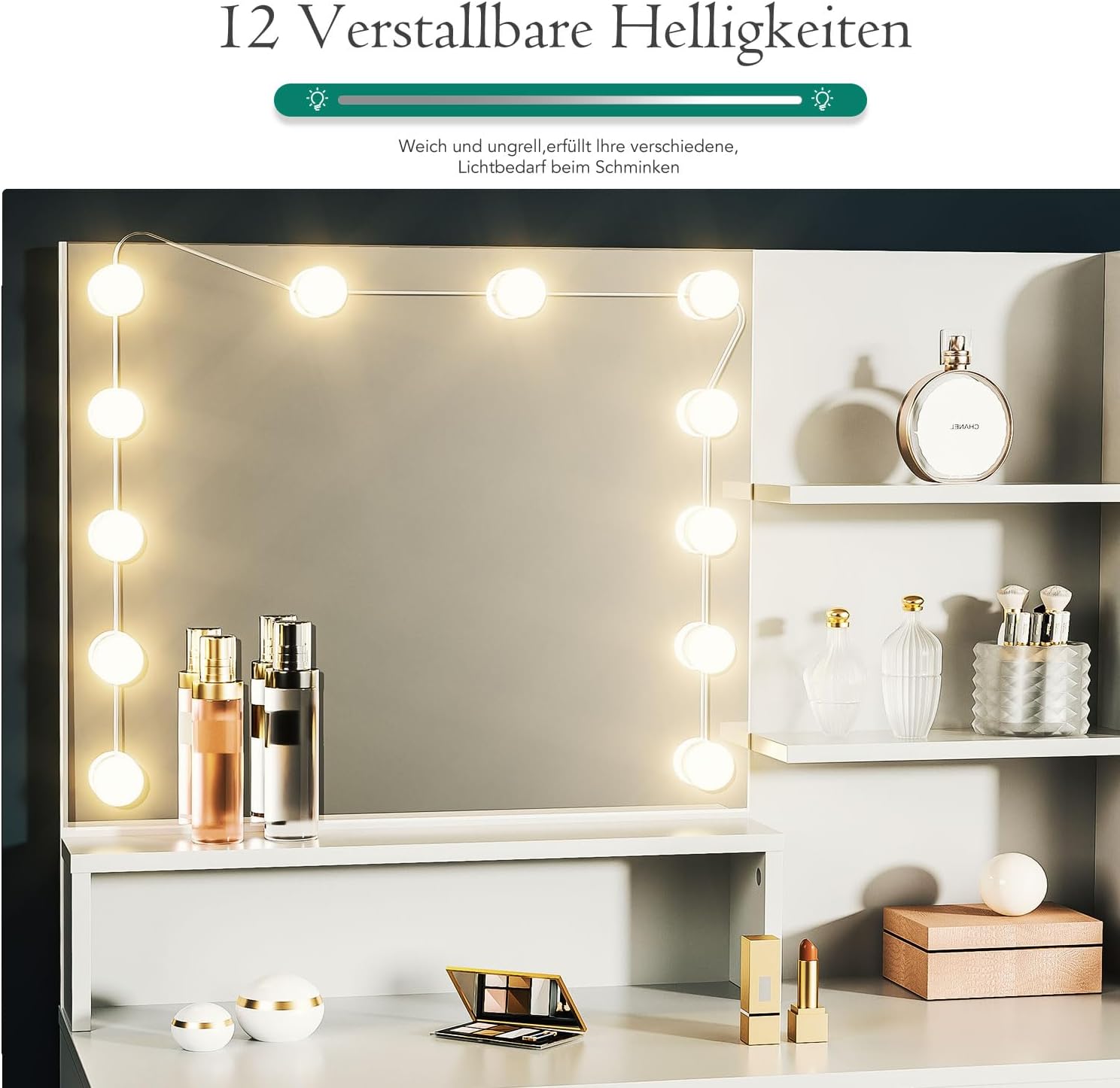 Schminktisch mit 12 LED-Beleuchtung, Hocker, Frisiertisch mit Große Spiegel, Schminktische mit Mehreren Schubladen, Schminktisch-Set mit Lichtern und Hocker 5 verdeckte Regalböden Weiß