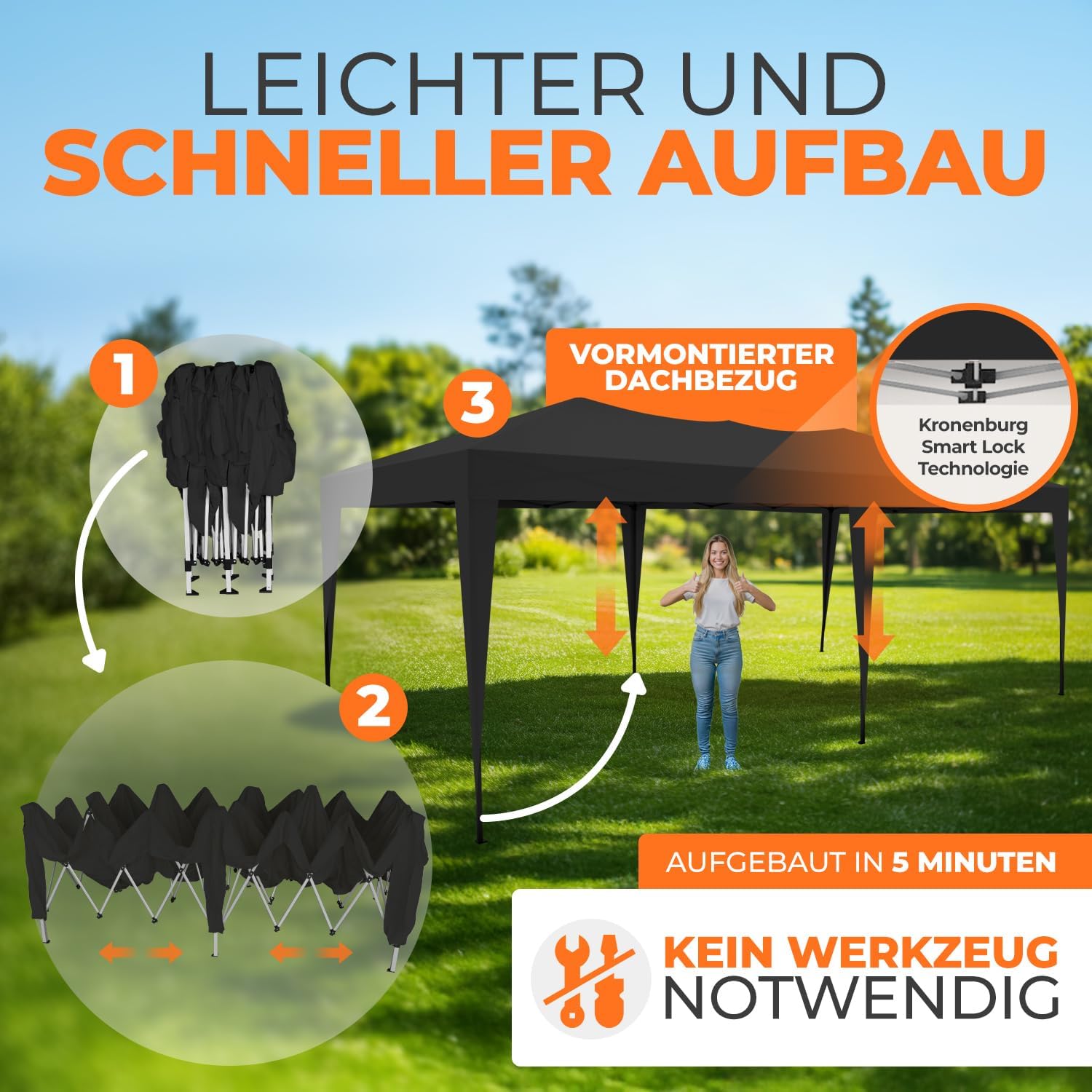 Kronenburg Faltpavillon wasserdicht Pavillon mit 6 Seitenteilen, Gartenzelt, 3x6 m - mit UV Schutz 50+, Schwarz