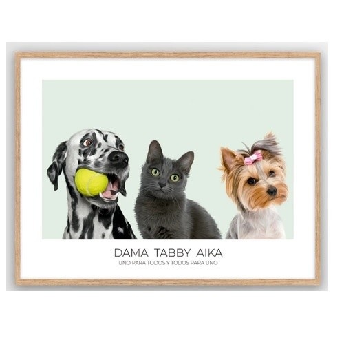 Retrato personalizado realista de animais de estimação da MascoZoom, modelo Mark 3, com moldura de madeira de carvalho.