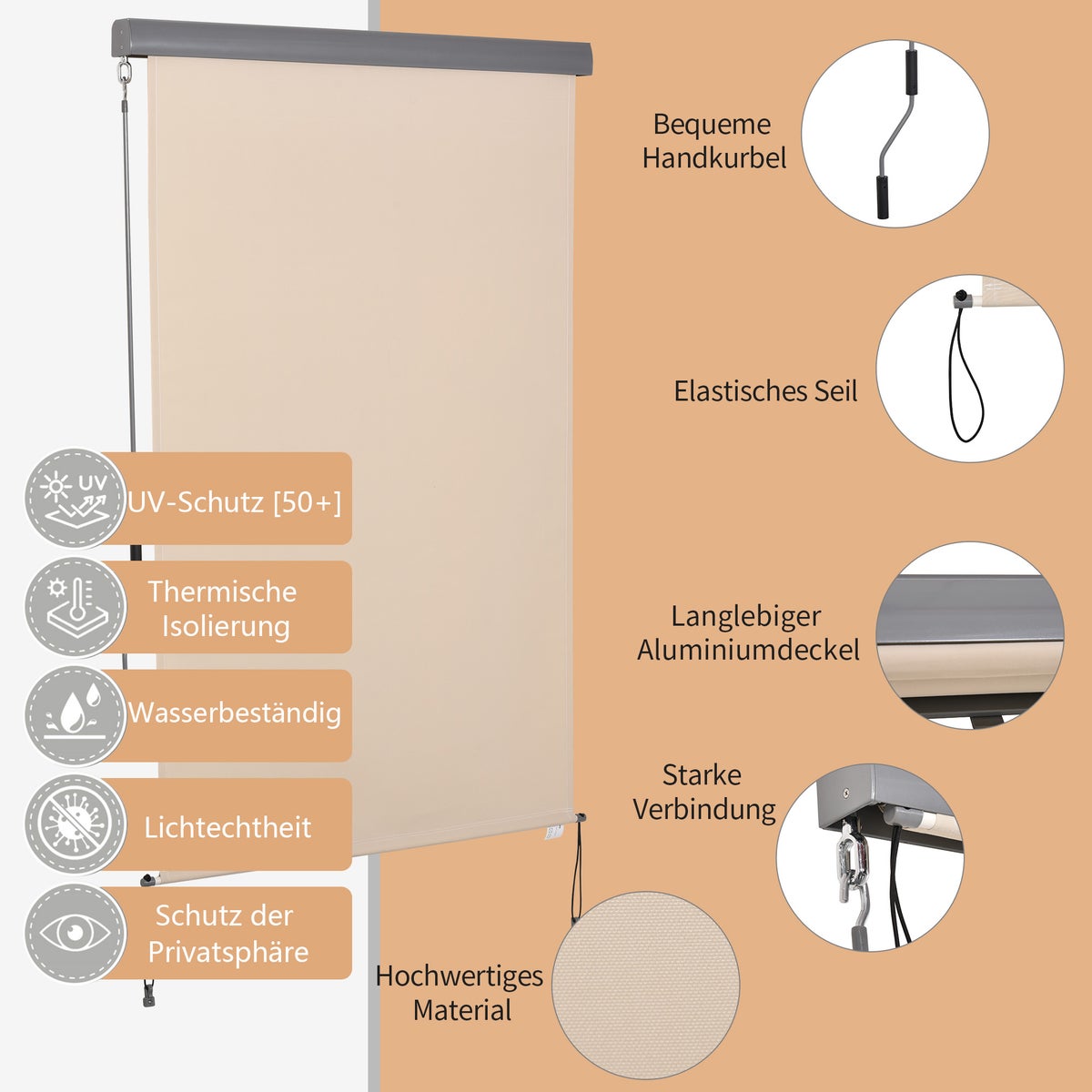 Outsunny verticale zonwering, verticale zonwering met handzwengel, 200 x 120 cm, polyester doek + aluminium, crèmewit