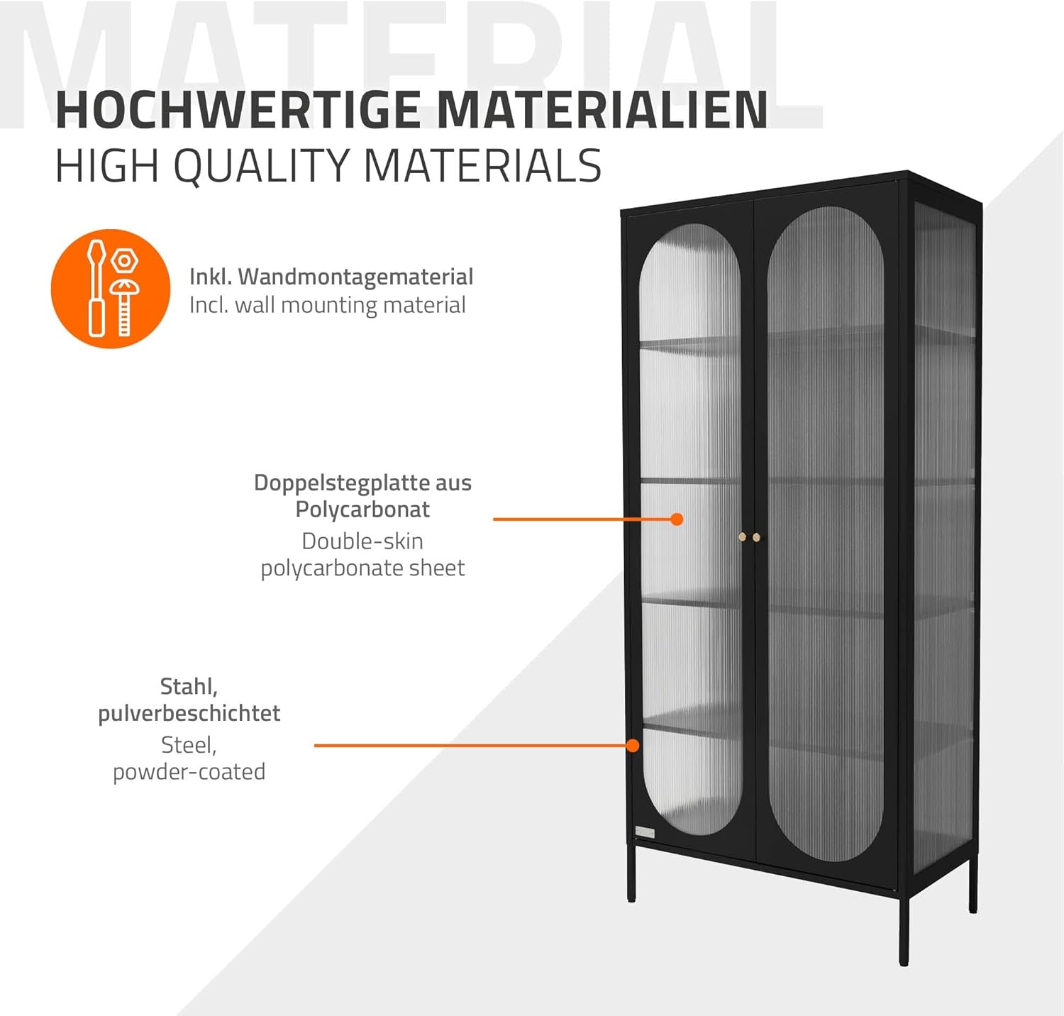ML-Design Vitrinenschrank 80x175x40 cm, Schwarz, Vitrine mit 5 Ablage-/Regalfächer, 2 Türen, Wohnzimmer Metallschrank aus Stahl, Industrieller Stil, Hochschrank Bücherschrank Aktenschrank Standschrank
