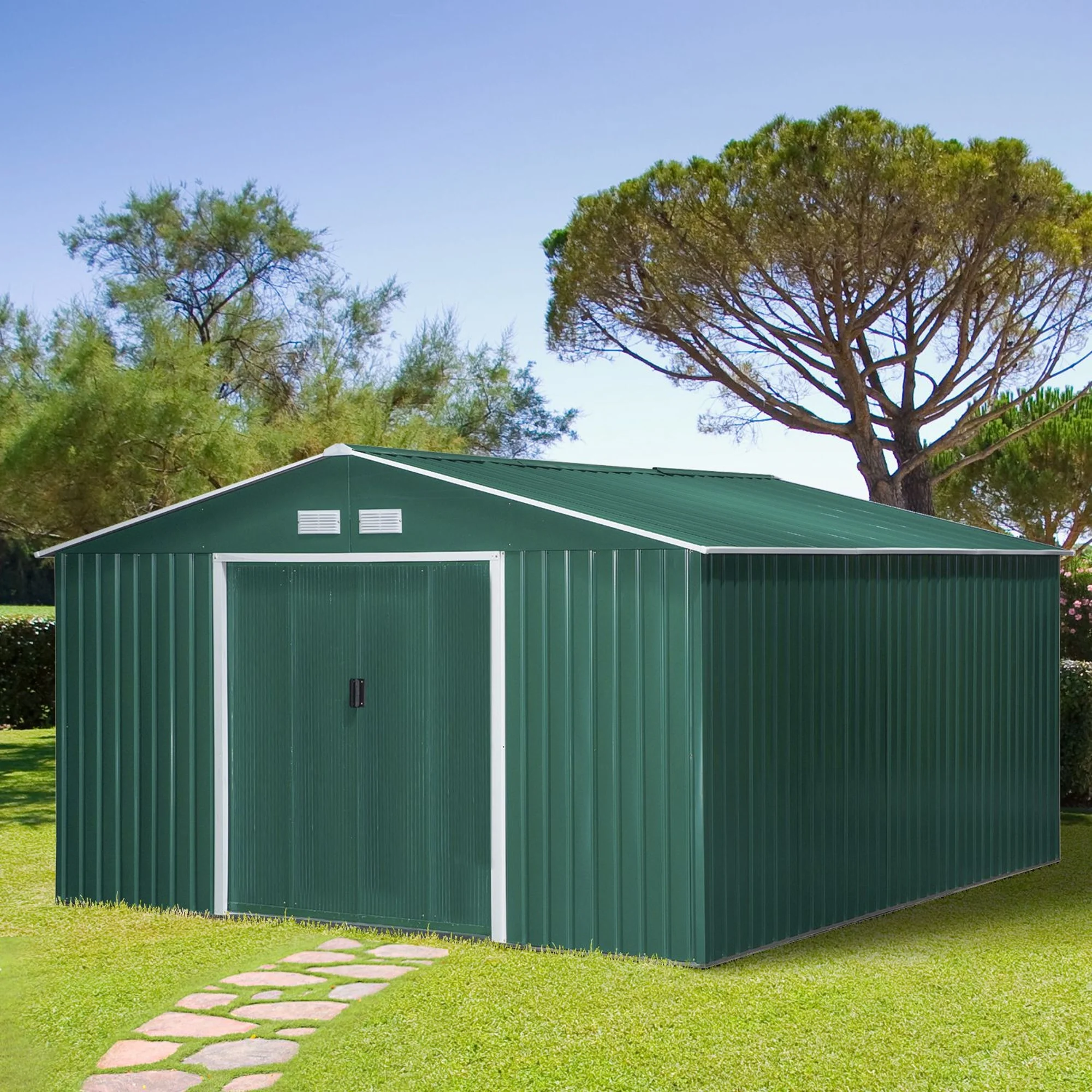 Casinha de jardim externa Outsunny, 12,4 m² (340 x 386 x 200 cm), com 2 portas de correr, base reforçada (piso NÃO incluído), para pátio ou terraço, cor verde.