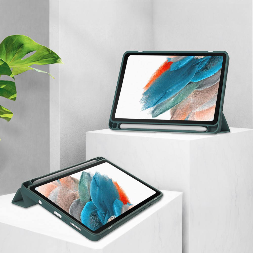 Samsung Galaxy Tab A11 / A9 Smart Cover Hybrid Hülle Leder Tasche Flip Cover   S-Pen Halterung - Dunkelgrün / Transparent