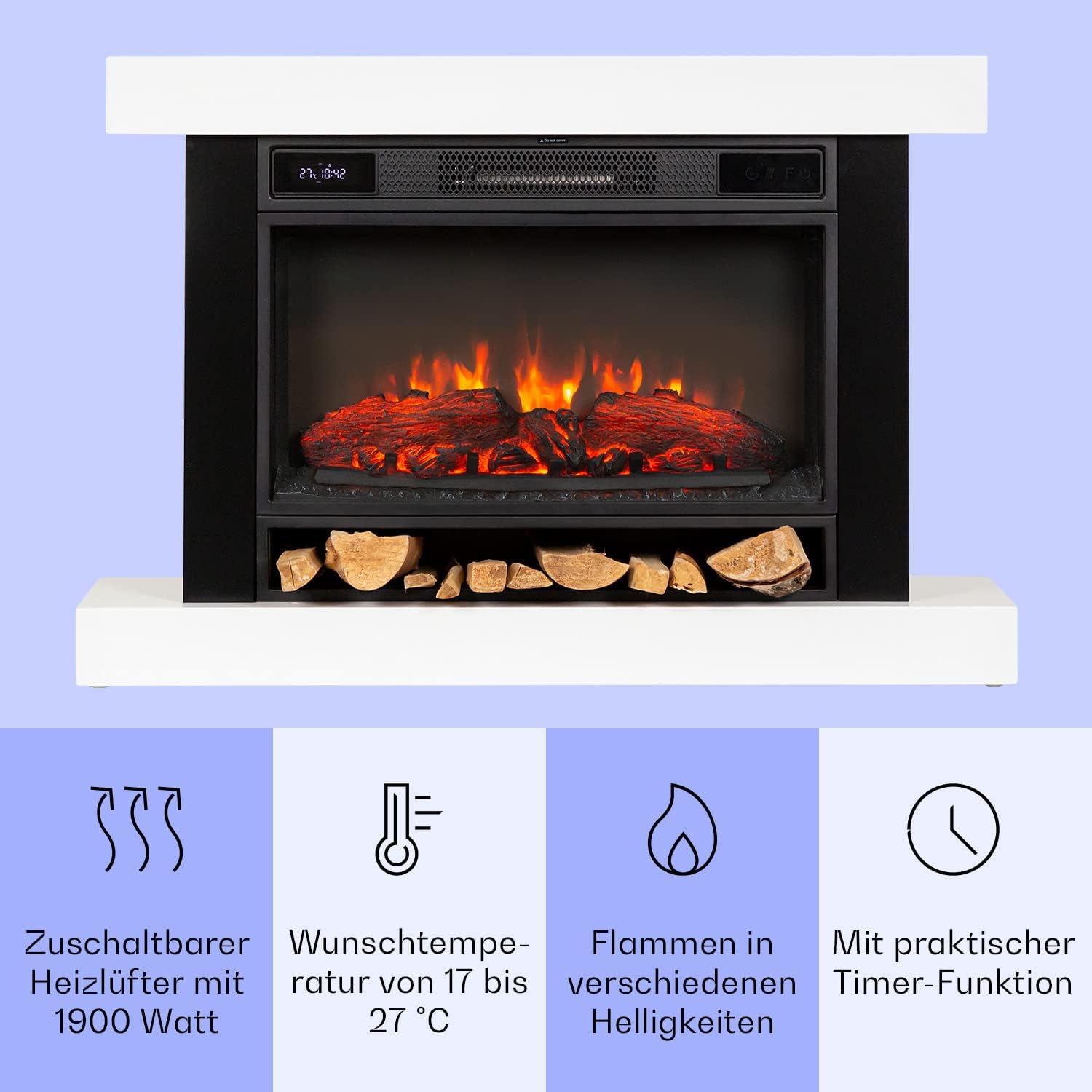 Klarstein Elektrokamin, Elektro Heizungen für Wohnzimmer & Innenräume, Elektrischer Kamin mit LED Flammen, Sparsamer Elektroofen, Heizlüfter mit Timer, Einstellbarer Thermostat, Heizung 1900 W