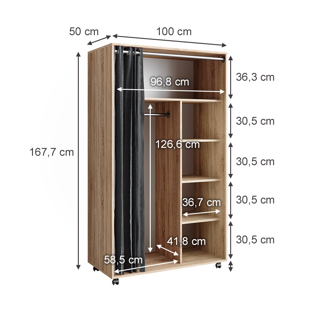 Vicco mobiler Kleiderschrank Dielenschrank Garderobe Doros Sonoma 100 x 168 cm offen rollbar