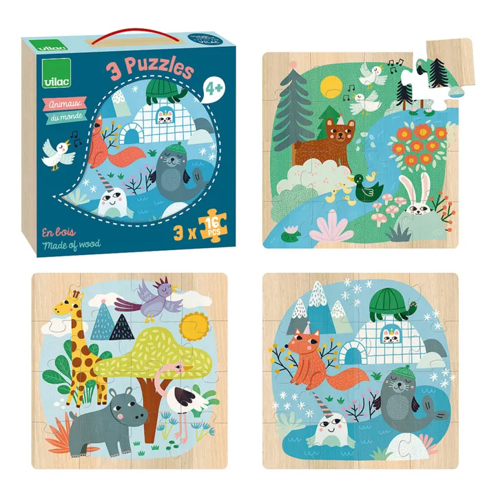 Vilac Coffret 3 puzzles Animaux du monde - 16 pièces