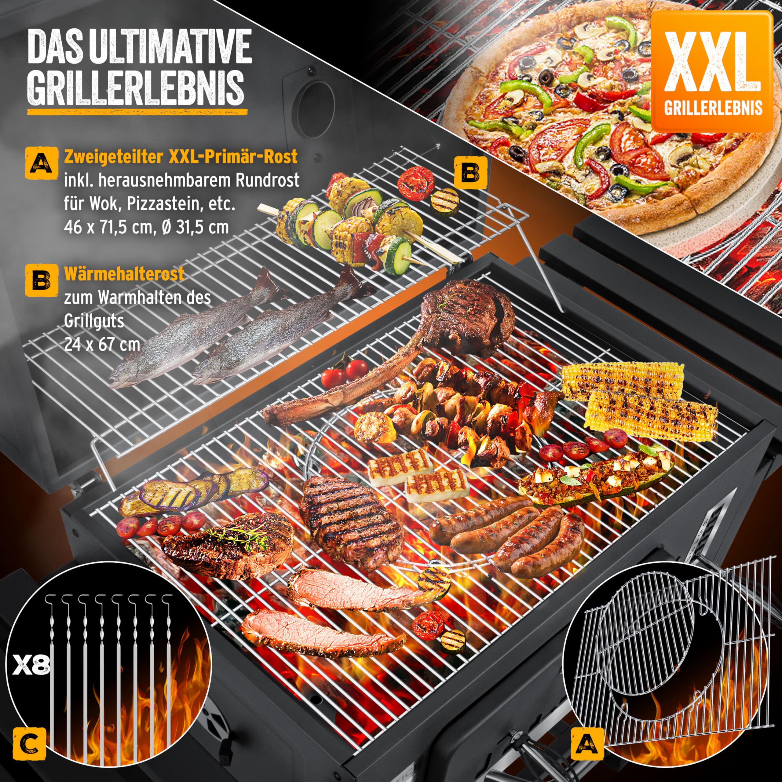 KESSER® Chariot à Barbecue | Grill XXL à Charbon de Bois avec Couvercle, Roues, poignée en Acier Inoxydable, Grille et thermomètre | Grand Barbecue au Charbon de Bois