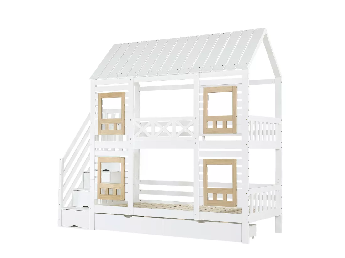 Lit superposé enfant 90x200 cm - avec fenêtre - deux tiroirs sur roulettes - avec 4 compartiments de rangement - avec échelle de sécurité - bois massif - blanc + naturel (matelas non inclus)