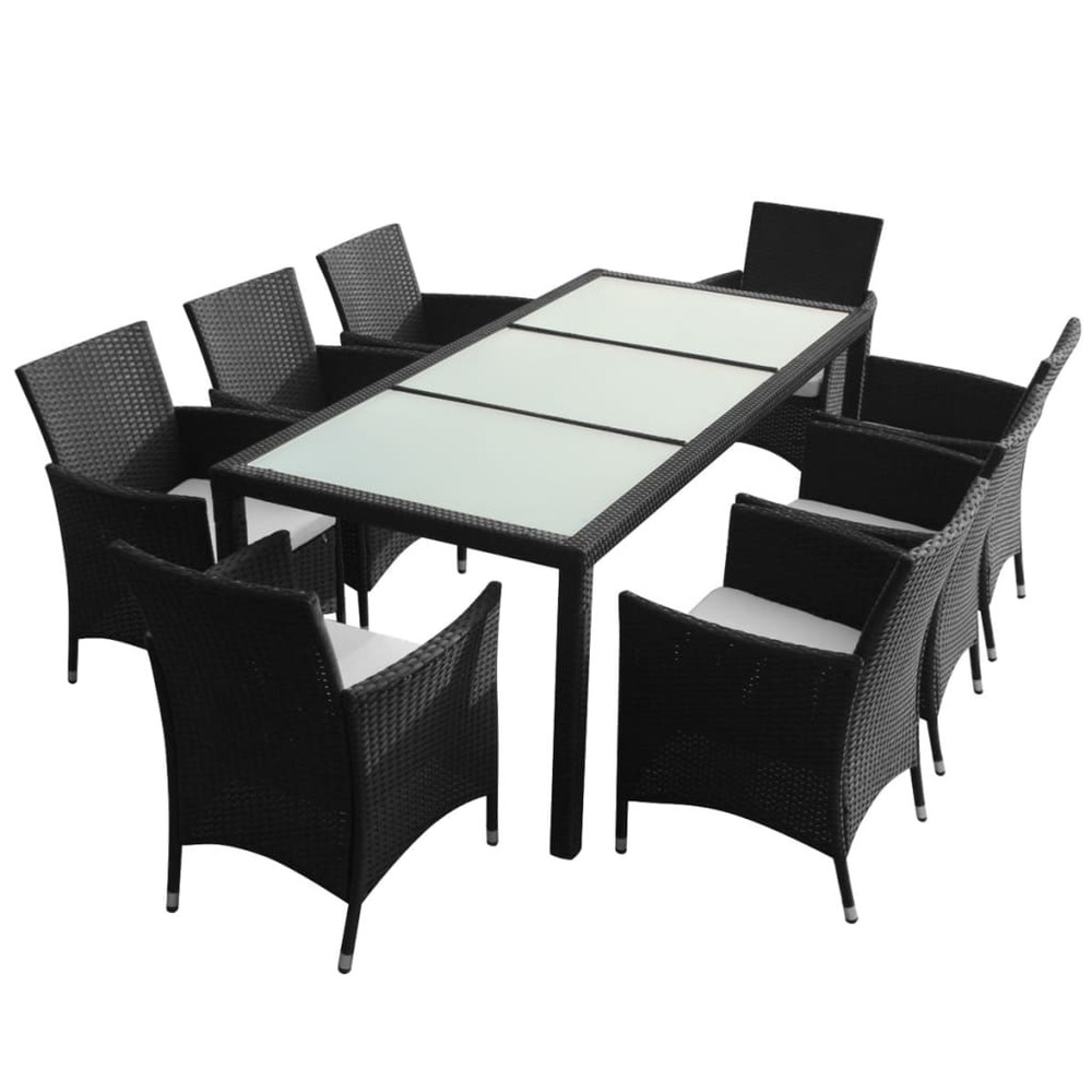 Mobilier à dîner salon de jardin 9 pièces et coussins résine tressée noir