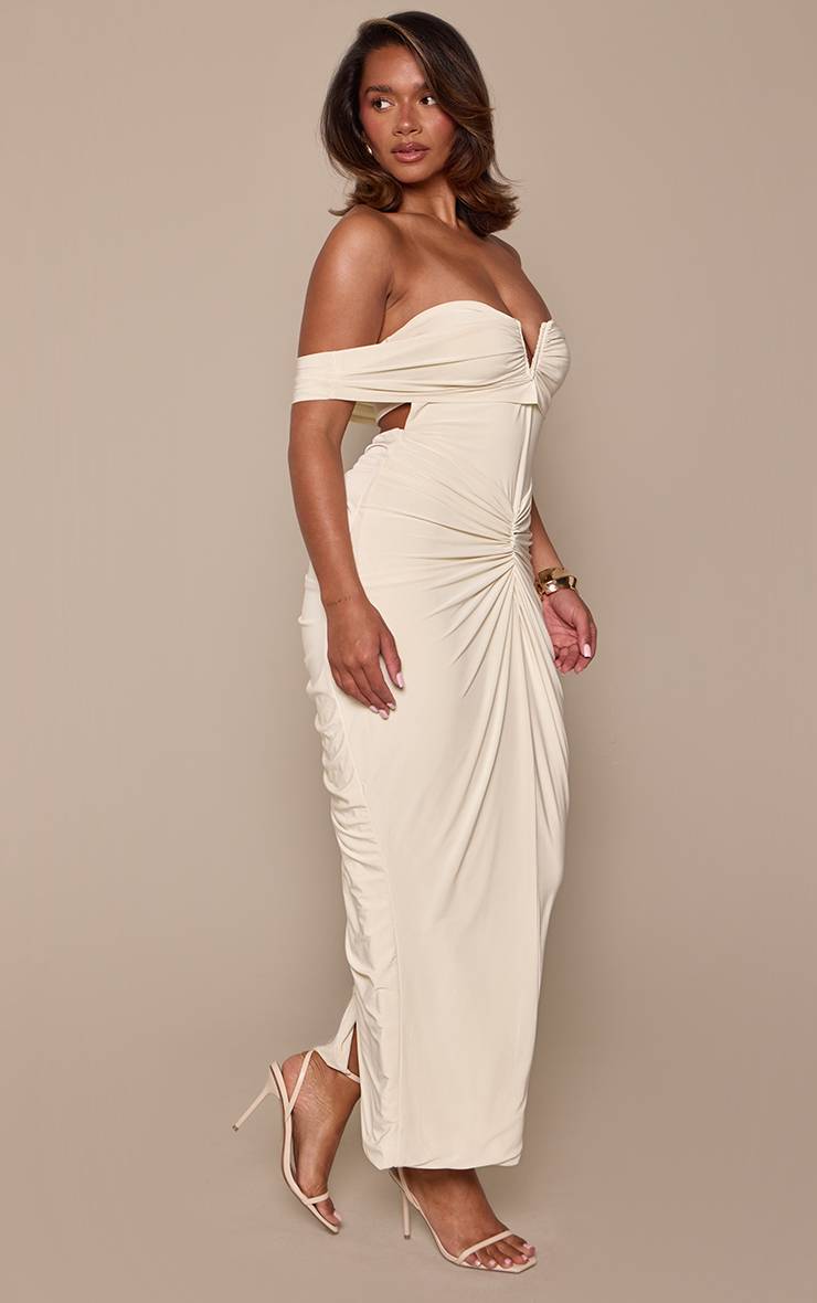 Neutral Beige Robe Maxi Moulante À Encolure Bandeau En V Avec Fronces