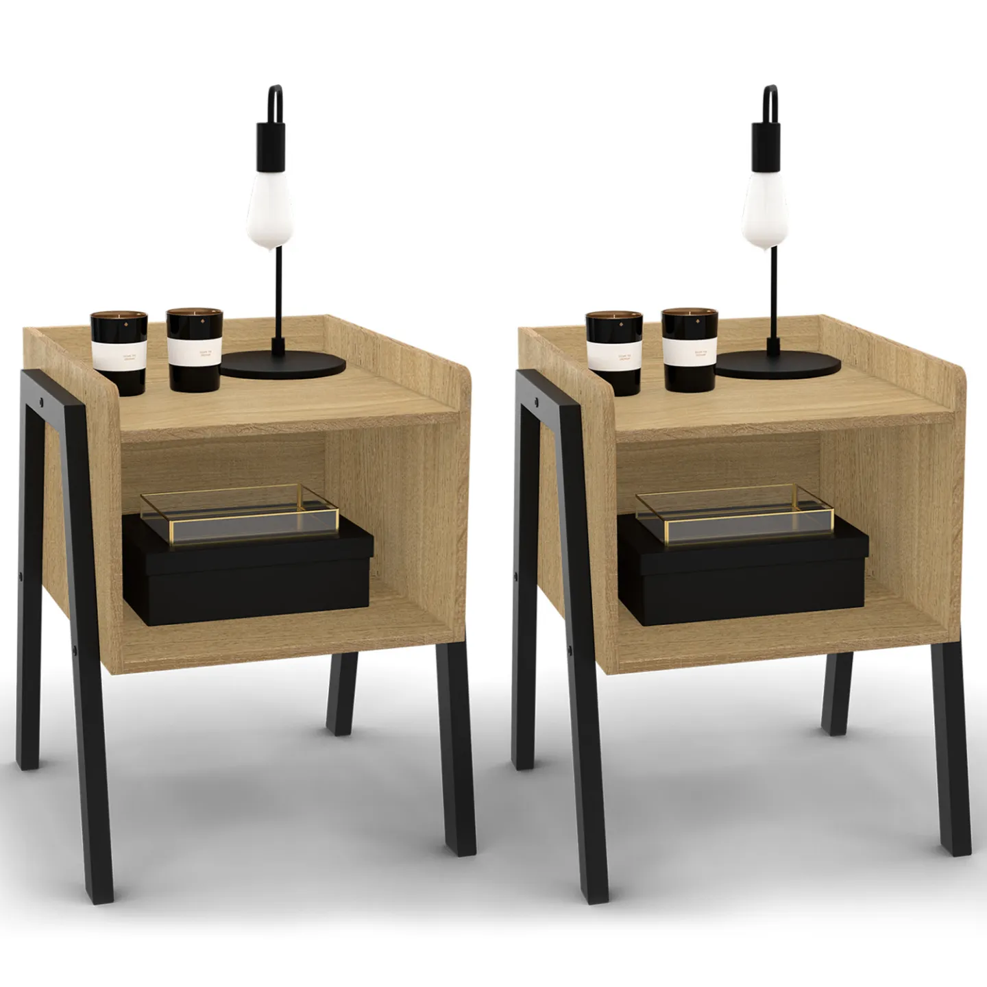 Lot de 2 tables de chevets DALAT 1 niche bois et pieds métal noir design industriel
