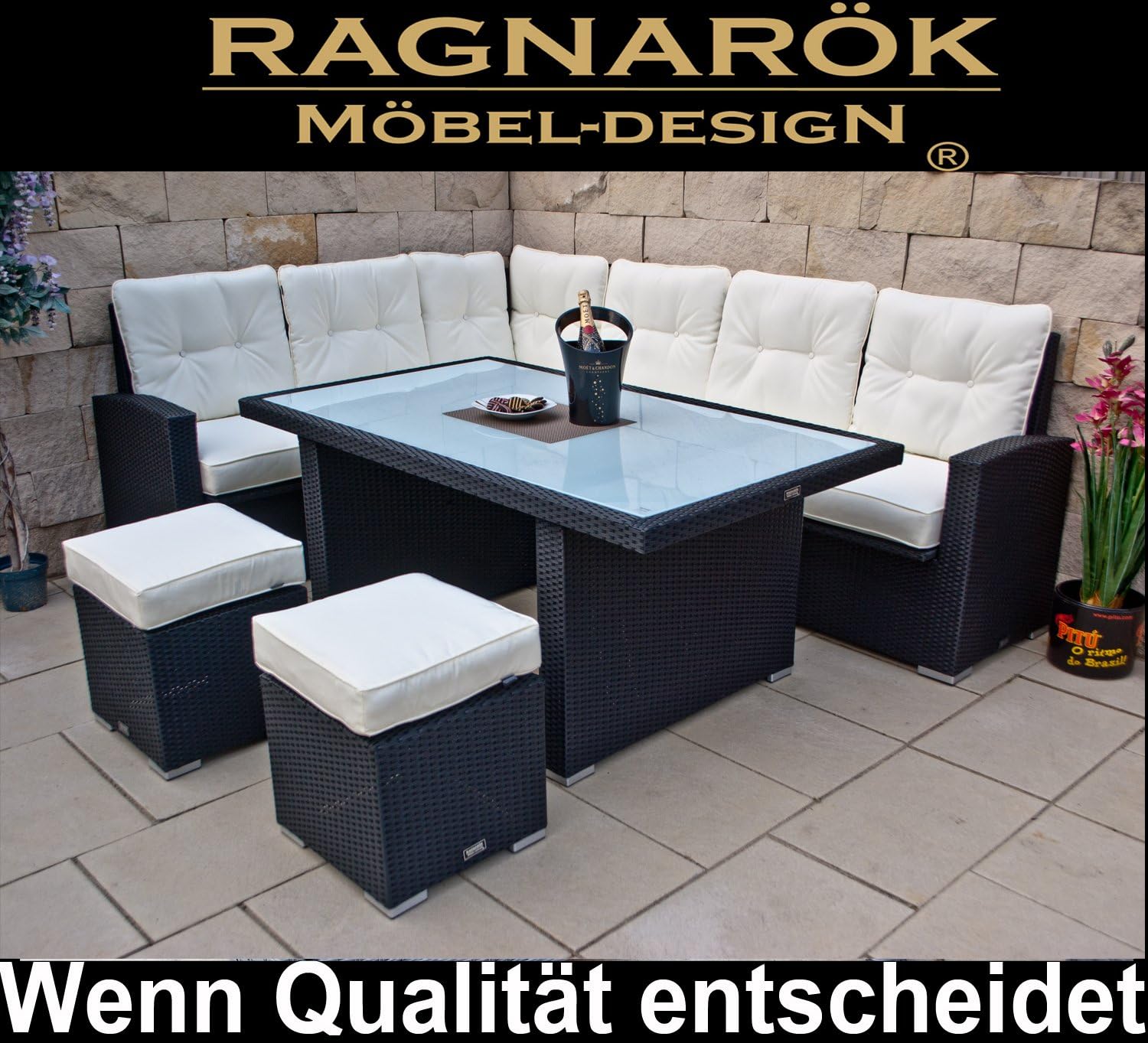Ragnarök-Möbeldesign PolyRattan Ecklounge DEUTSCHES Familienunternehmen seit 1928 EIGENE Produktion - 8 Jahre GARANTIE - Gartenmöbel Essgruppe Tisch hohe Dining Polyrattan Aluminium Schwarz