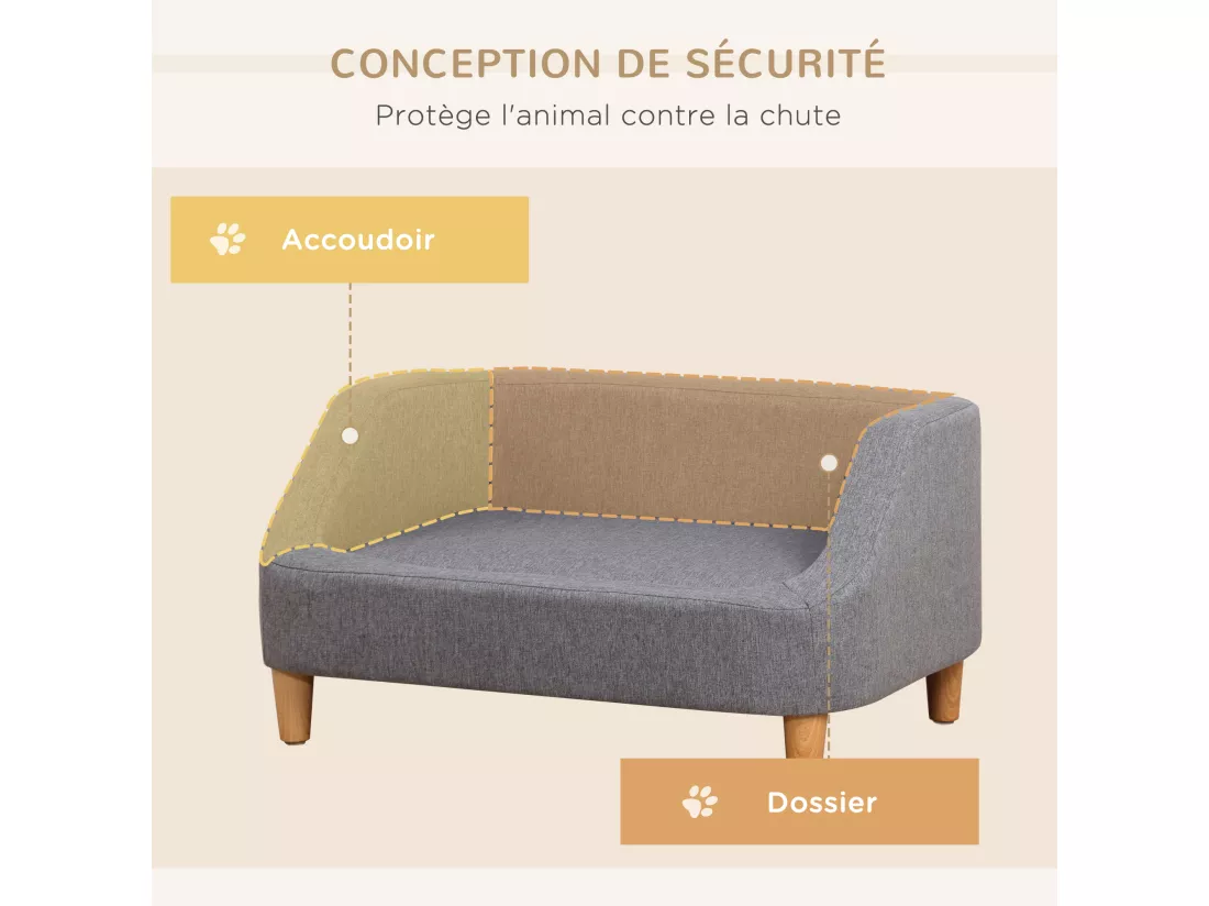 Canapé chien lit pour chien design scandinave déhoussable dim. 75L x 55l x 39H cm pieds bois tissu polyester gris
