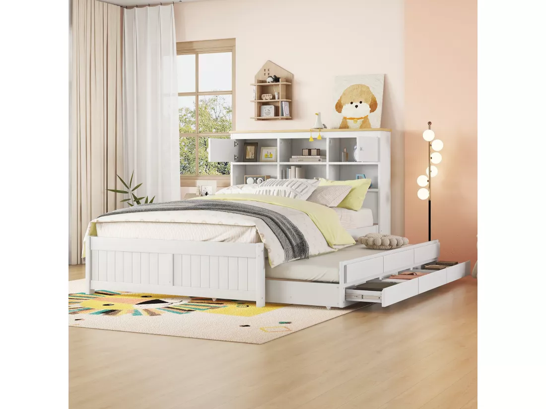 Lit gigogne avec rangements et 3 tiroirs - 140 x 200 et 90 x 190 cm - bois MDF - blanc - LOSIANA