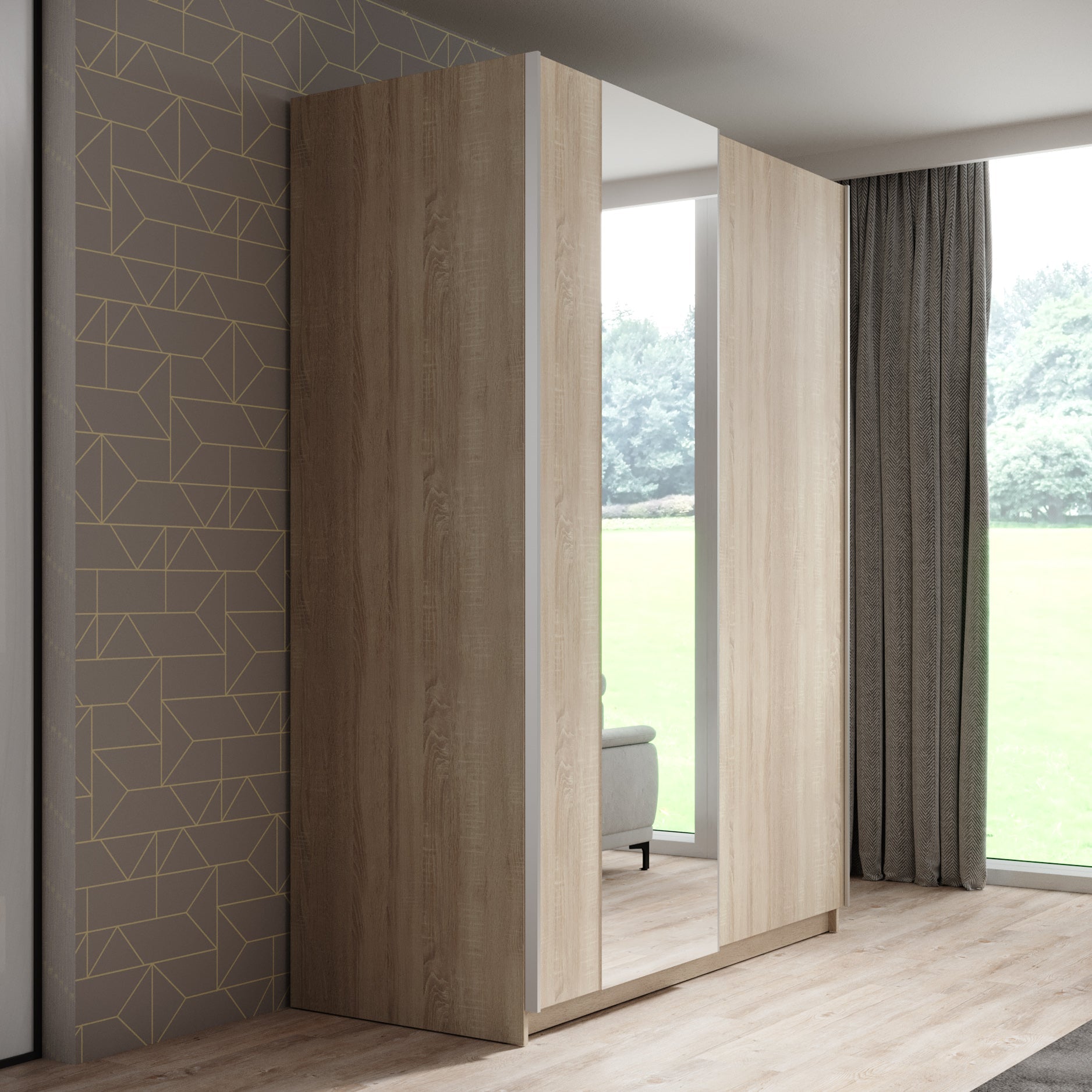Meubella - Kledingkast Ganaro - Eiken - 150 cm - Met spiegel