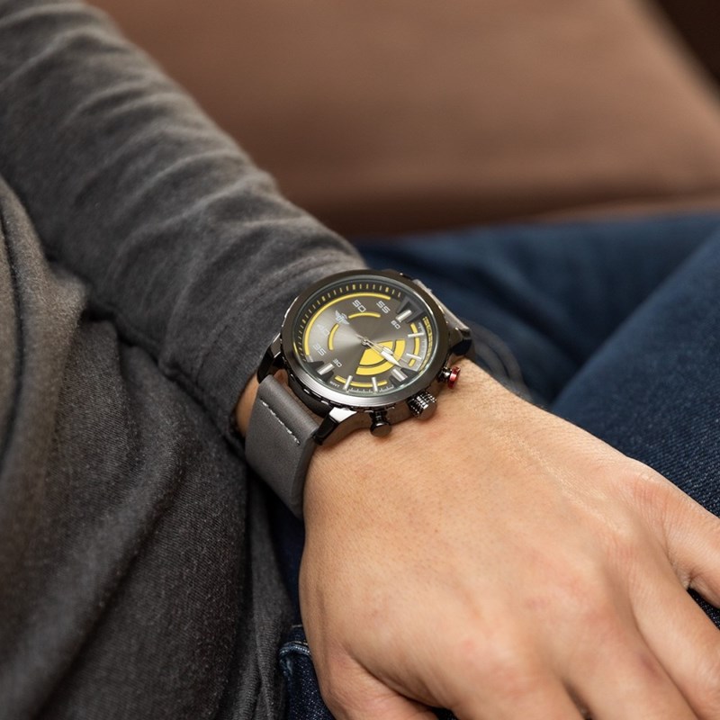 Coffret montre Homme M. JOHN bracelet Cuir Gris