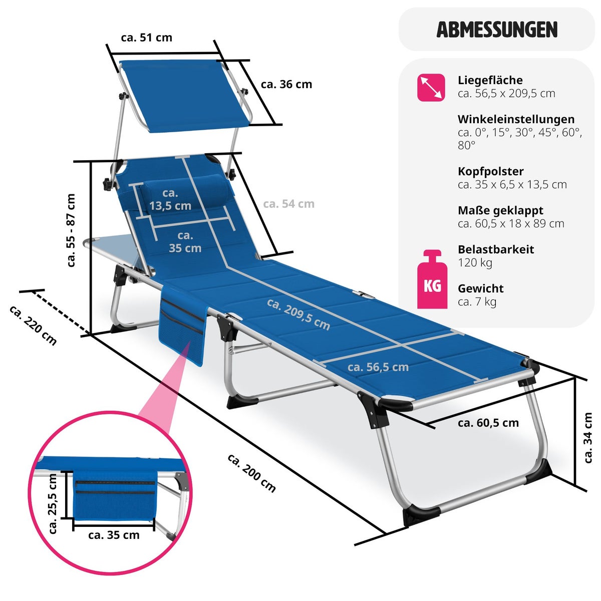 tectake Lorella gestoffeerde zonnebank, opvouwbaar 220 x 60,5 x 34 cm, met zijvak