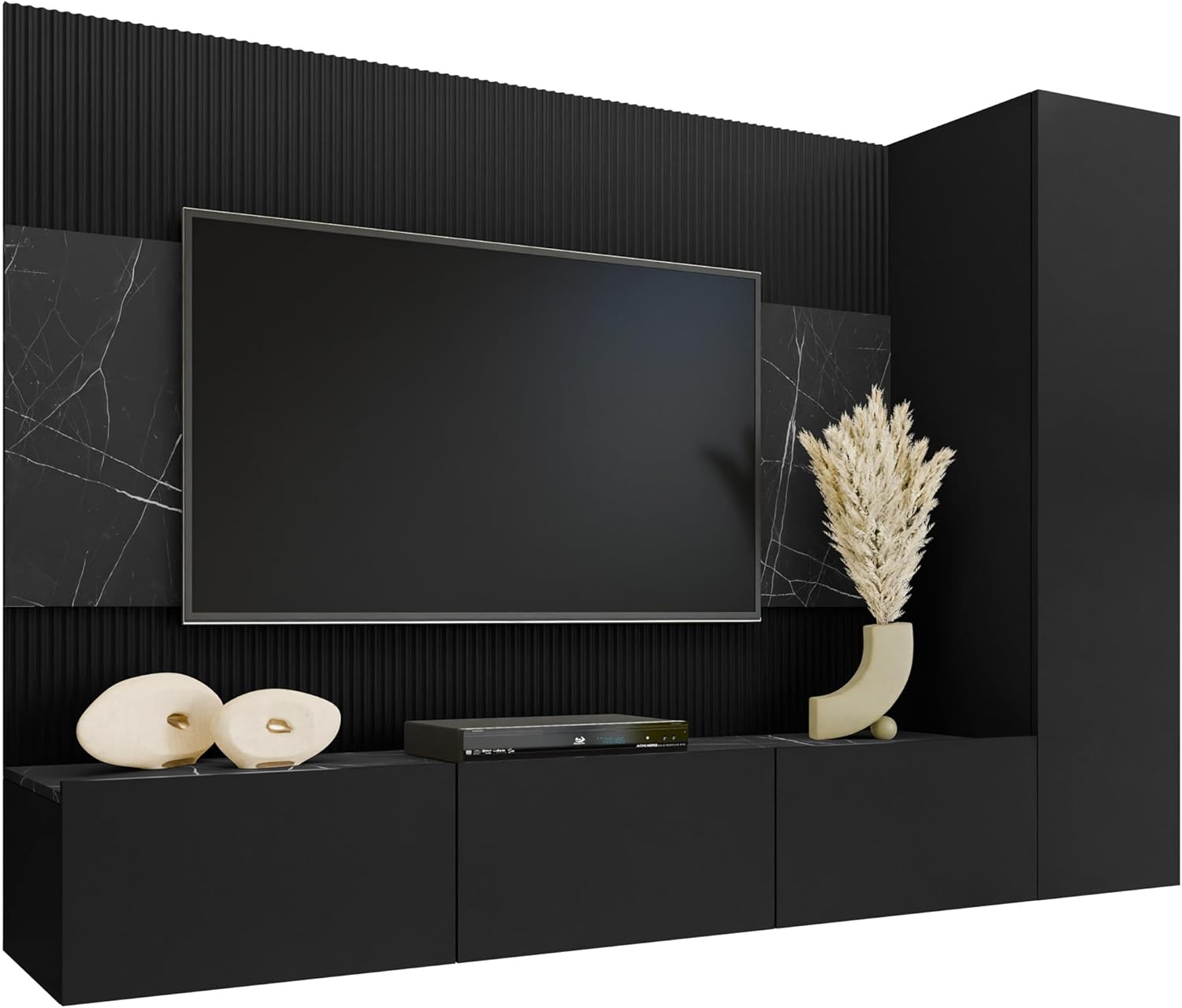 Mirjan24 Wohnwand Deromi VI, Anbauwand mit Wandpaneele und TV-Lowboard, Akustikplatten, Fernsehschrank, Schrankwand, Mediawand, Hängeschrank (Schwarz + Schwarz Marmor)