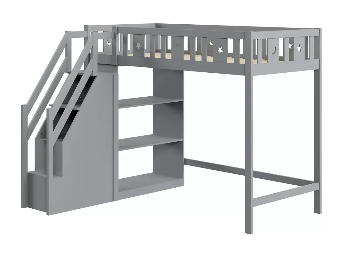 Lit mezzanine 90 x 200 cm avec échelle de rangement et étagères - Bois de pin et MDF - Gris