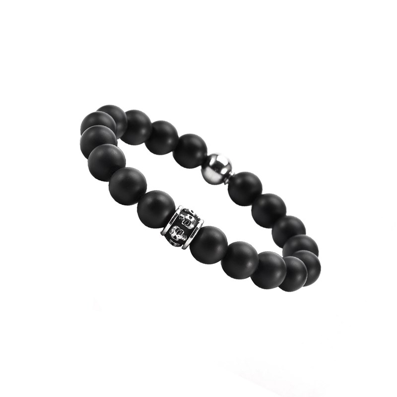 Bracelet Grosses Perles Pierres Naturelles Onyx Tête De Mort-Medium-18cm