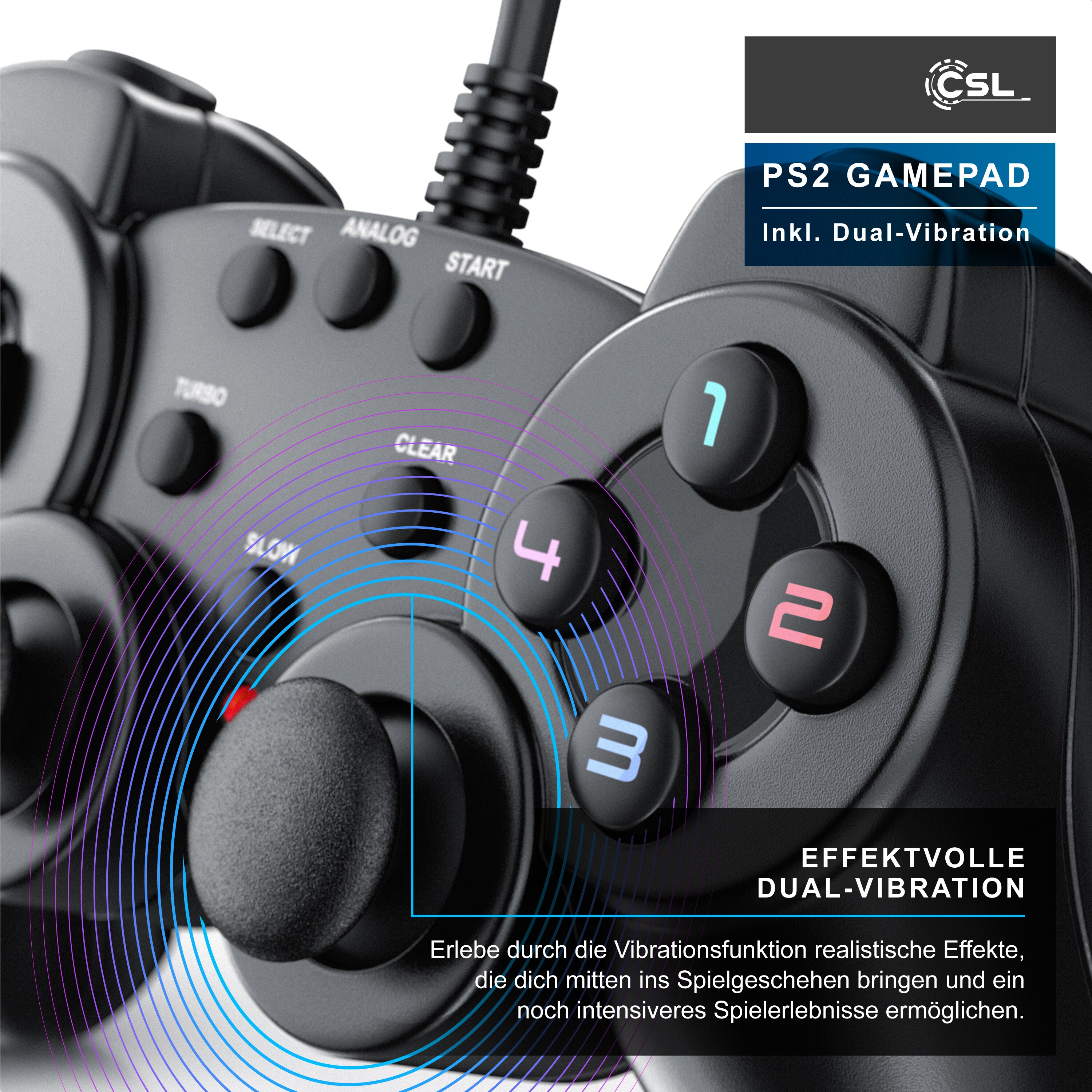 CSL PlayStation-Controller, PS2 Gamepad mit Dual Vibration (Rumble Effekt), Präzision & Komfort