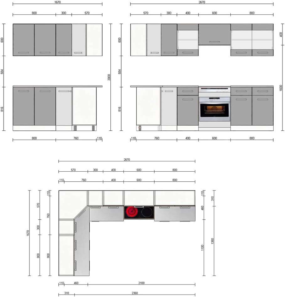 Vicco Eckküche Rick, Weiß Hochglanz, 167 x 60 cm, AP Marmor mit LED-Leisten
