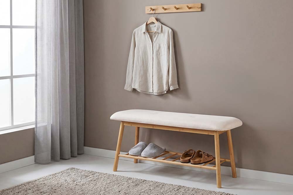 Stilvolle Schuhbank ZEN-BO 90cm natur beige Bambus Regal Sitzbank mit Stauraum