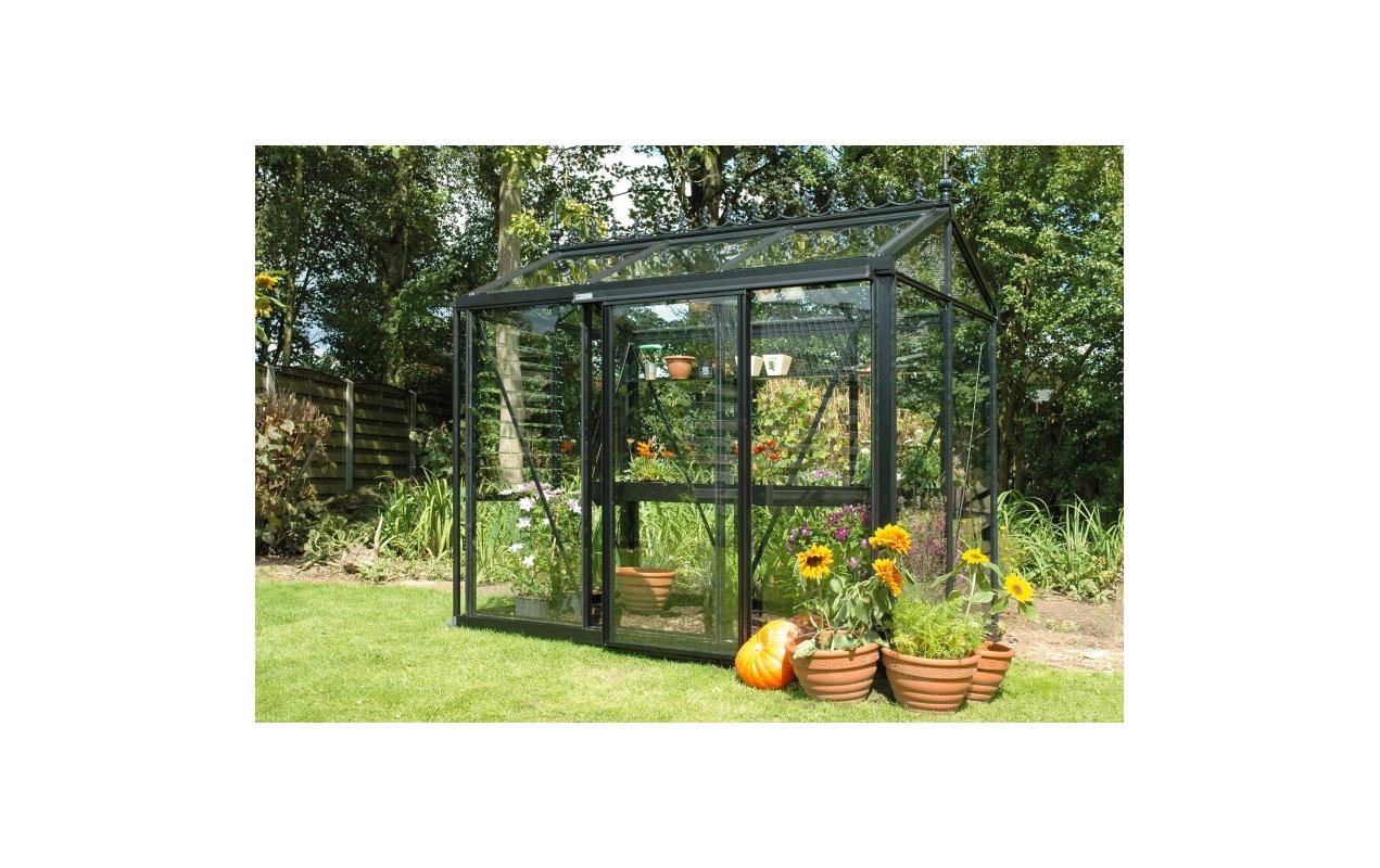 Gewächshaus Helios Urban, 162 x 236 x 217 cm, Glas 4 mm<br>Schwarzes Gewächshaus für den urbanen Garten