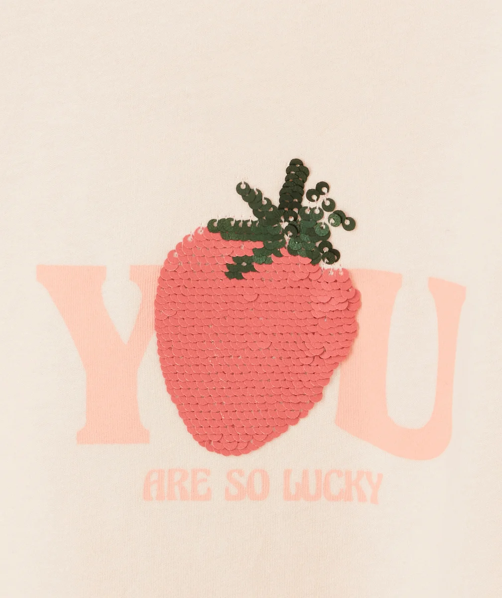 T-SHIRT FILLE EN FIBRES RECYCLÉES ROSE AVEC MESSAGE ET SEQUINS