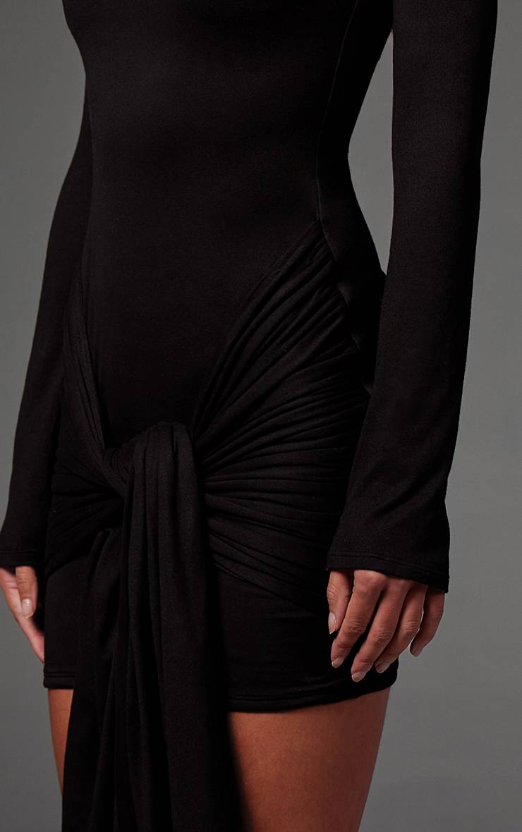 Noir Robe Moulante À Manches Longues Avec Détail Drapé En Tissu Double Contour