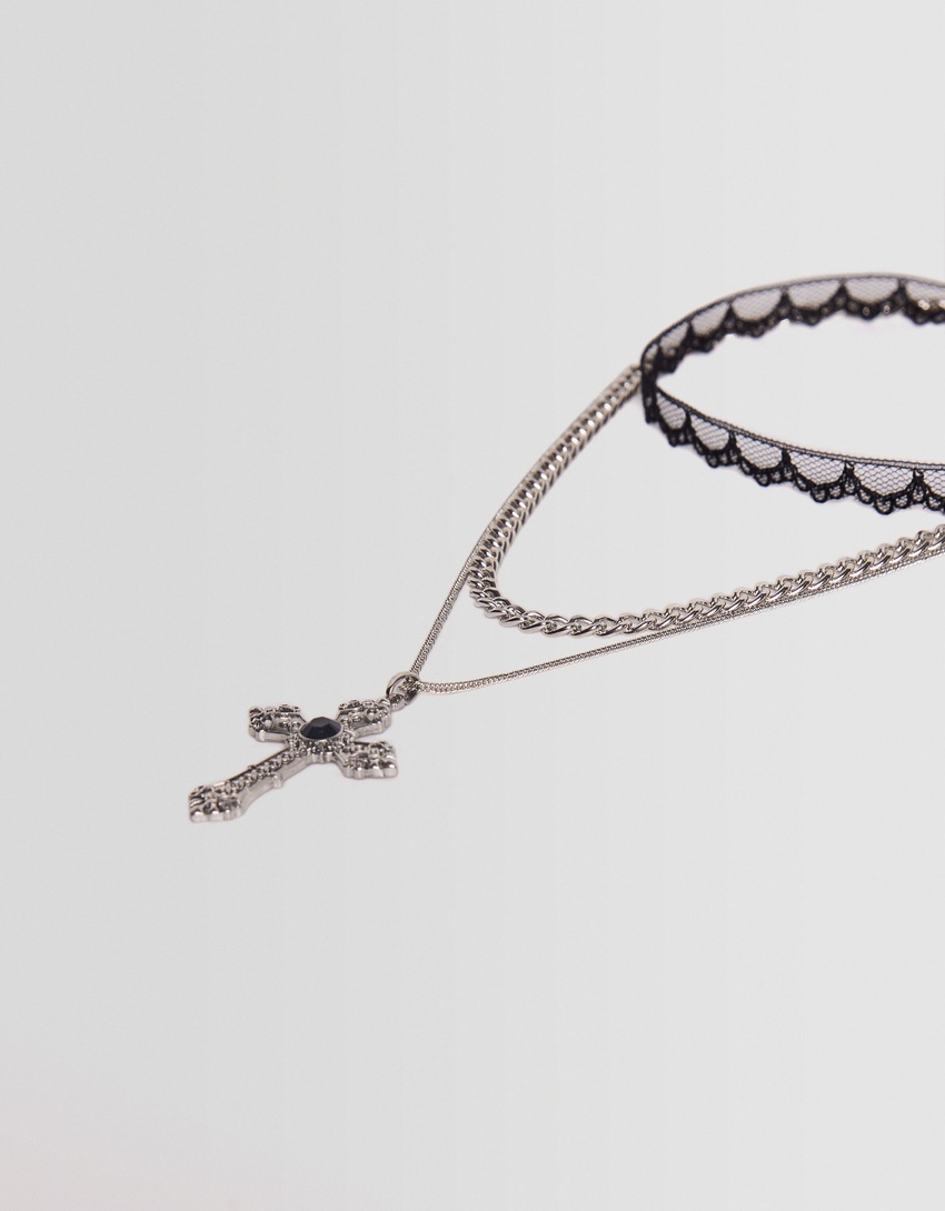 Conjunto de 3 colares com pingente de cruz e corrente de strass