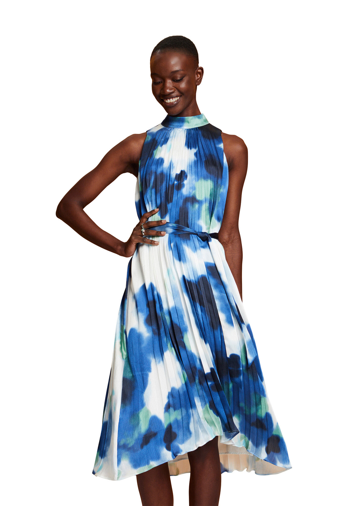 Vestido midi plissado com estampa floral - Estampa branca
