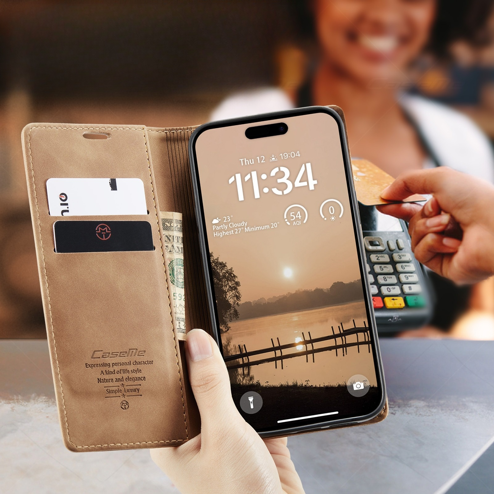 iPhone 17 Pro Leder Tasche Flip Wallet Etui mit Kartenfächern - Hellbraun