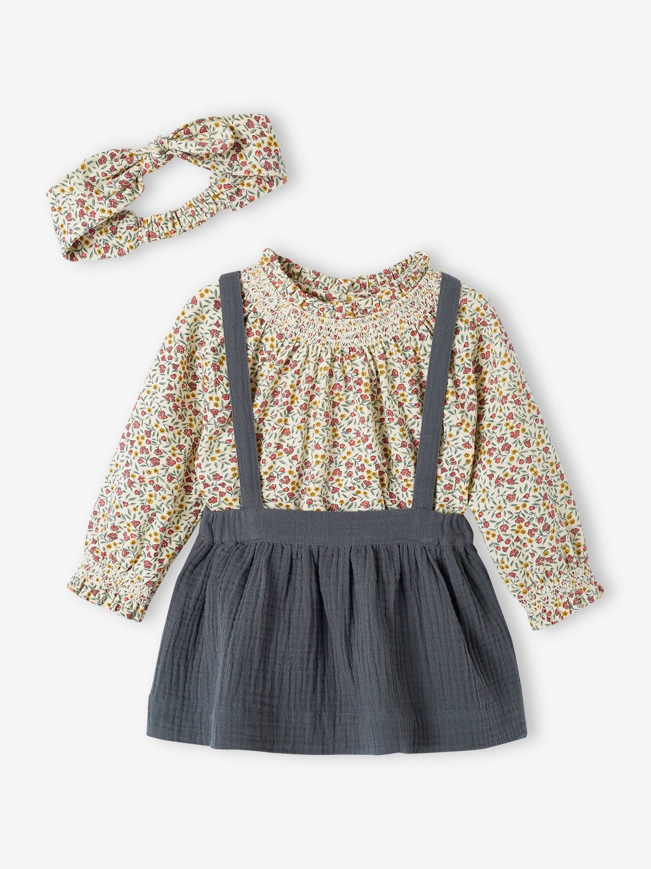 Conjunto de 3 peças: camiseta + faixa de cabelo + saia com suspensórios para recém-nascido (verde)