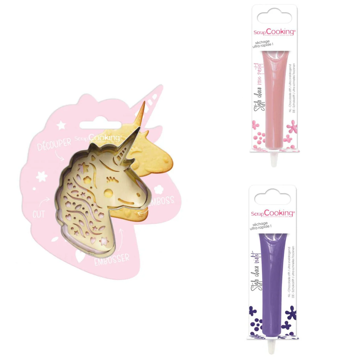Kit pour biscuit en relief Licorne + 2 Stylos au chocolat rose pastel