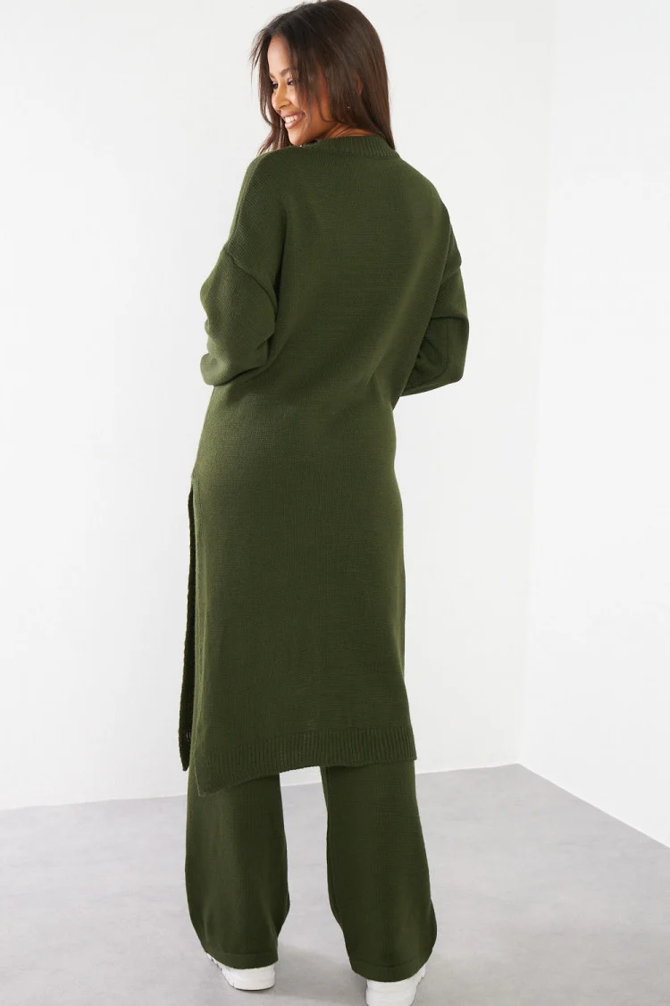 Ensemble 2 pièces pull long + pantalon en laine kaki